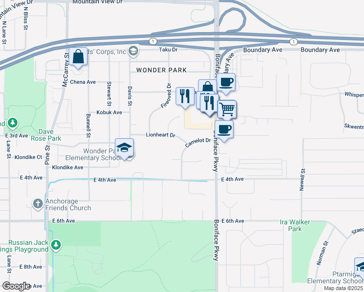map of restaurants, bars, coffee shops, grocery stores, and more near 429 Camelot Drive in Anchorage