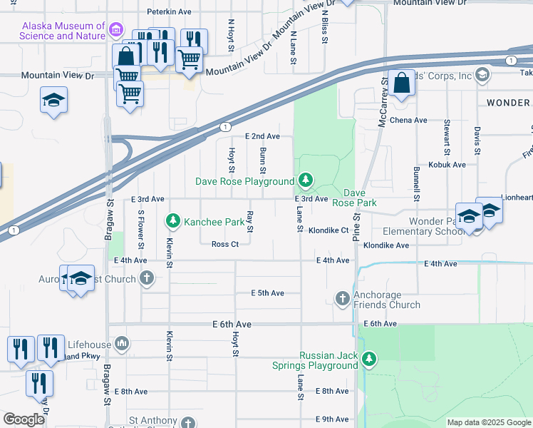 map of restaurants, bars, coffee shops, grocery stores, and more near 342 Shaw Circle in Anchorage