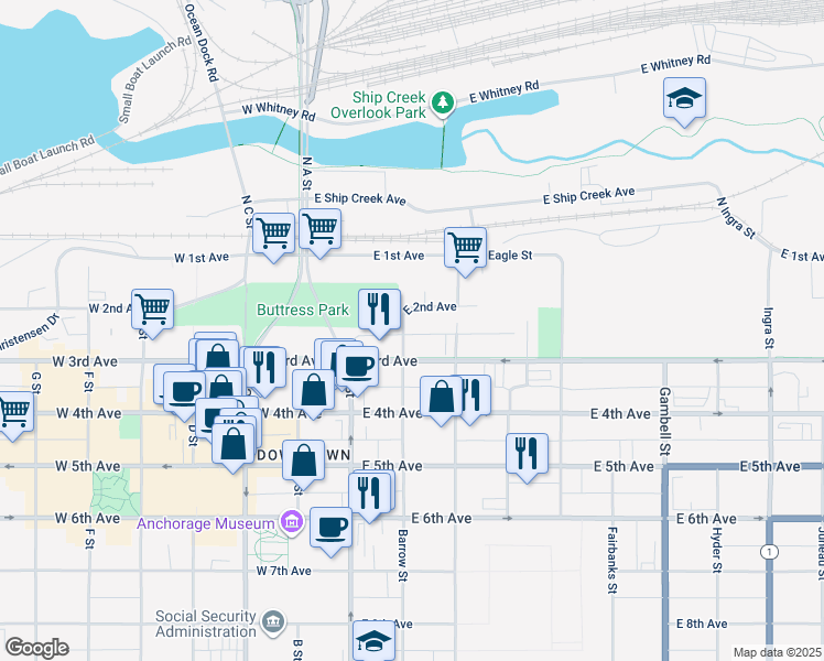 map of restaurants, bars, coffee shops, grocery stores, and more near 132 East 3rd Avenue in Anchorage