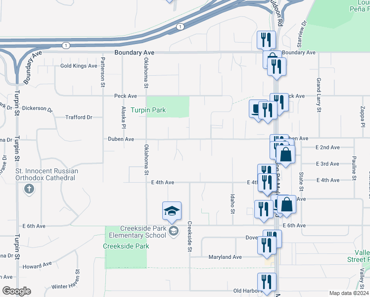 map of restaurants, bars, coffee shops, grocery stores, and more near 317 Pamela Place in Anchorage