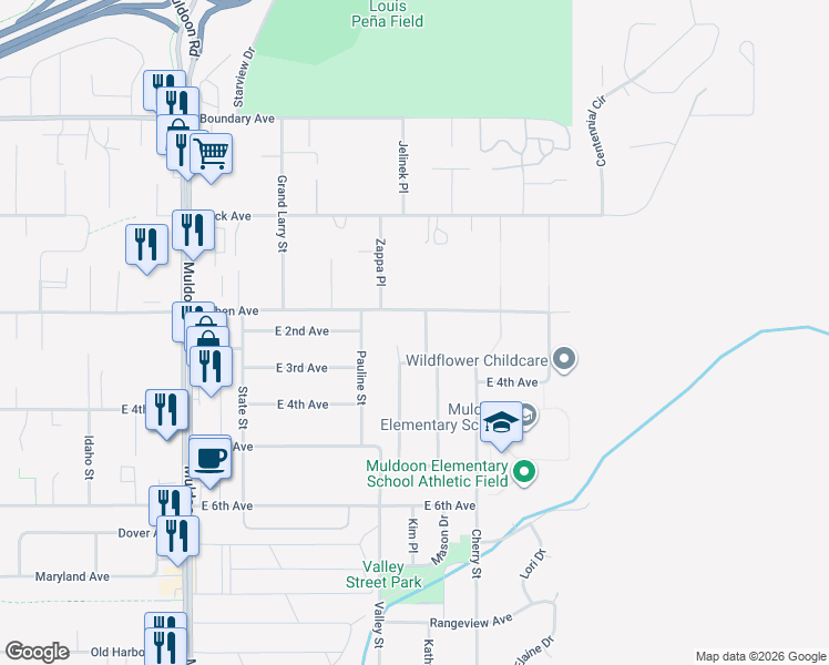 map of restaurants, bars, coffee shops, grocery stores, and more near 354 Eklutna Street in Anchorage