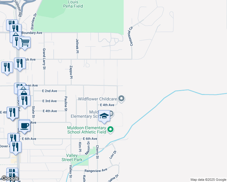 map of restaurants, bars, coffee shops, grocery stores, and more near 350 Bolin Street in Anchorage