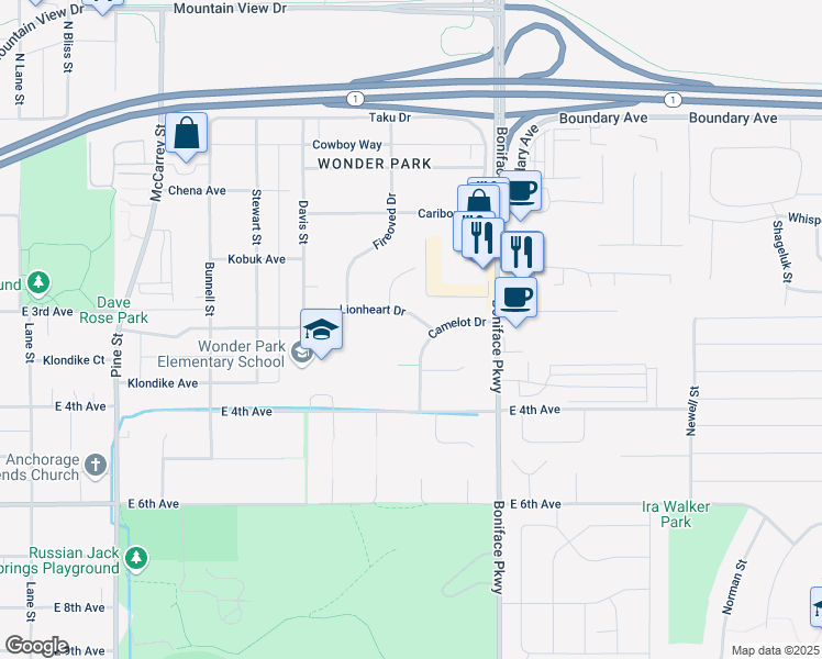 map of restaurants, bars, coffee shops, grocery stores, and more near 442 Camelot Drive in Anchorage