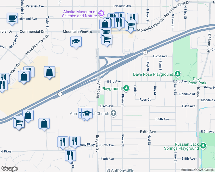 map of restaurants, bars, coffee shops, grocery stores, and more near 354 Flower Street in Anchorage