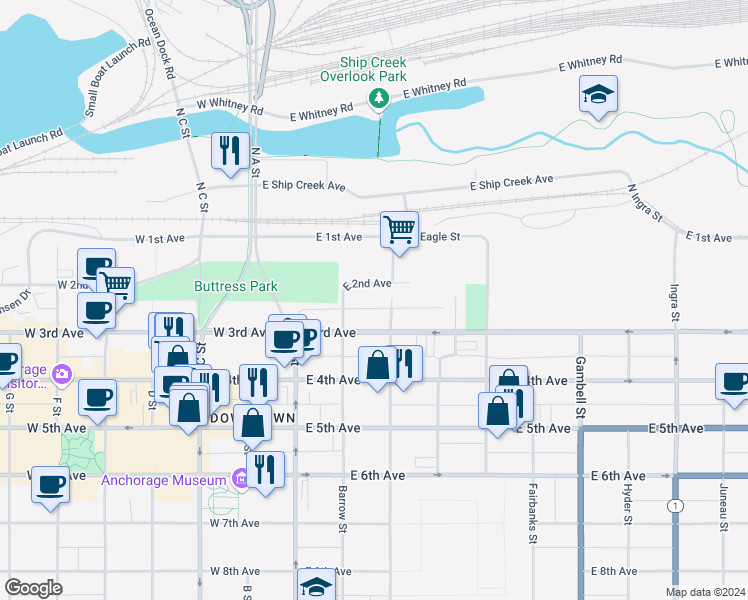 map of restaurants, bars, coffee shops, grocery stores, and more near 240 East 3rd Avenue in Anchorage
