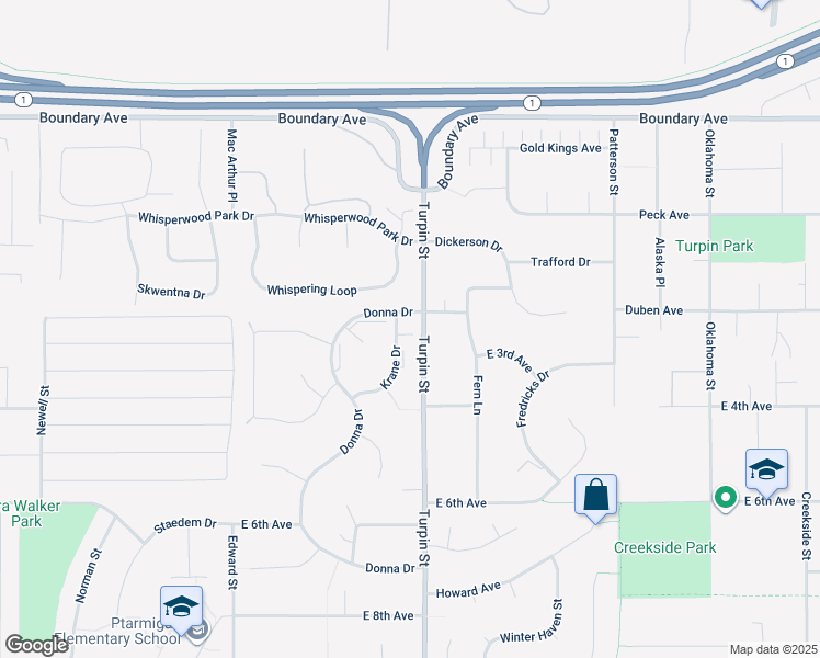 map of restaurants, bars, coffee shops, grocery stores, and more near 301 Krane Drive in Anchorage