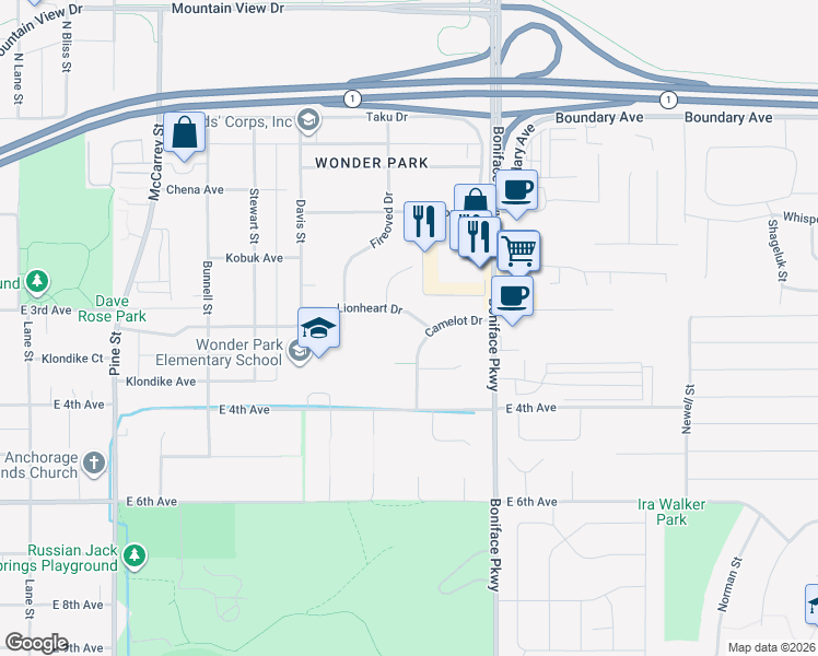 map of restaurants, bars, coffee shops, grocery stores, and more near 442 Camelot Drive in Anchorage