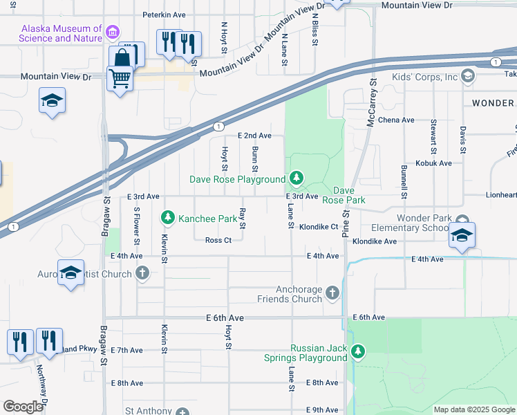 map of restaurants, bars, coffee shops, grocery stores, and more near 342 Shaw Circle in Anchorage