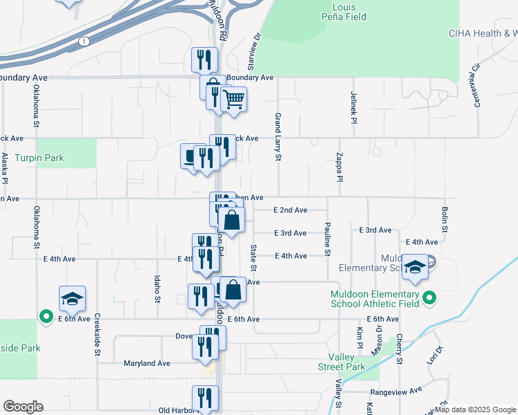 map of restaurants, bars, coffee shops, grocery stores, and more near 285 Muldoon Road in Anchorage