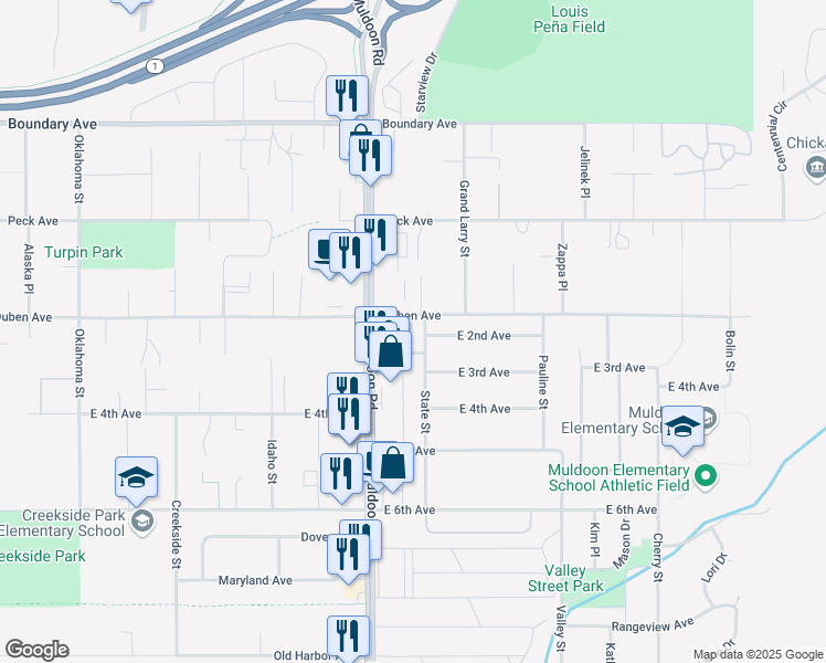 map of restaurants, bars, coffee shops, grocery stores, and more near 285 Muldoon Road in Anchorage
