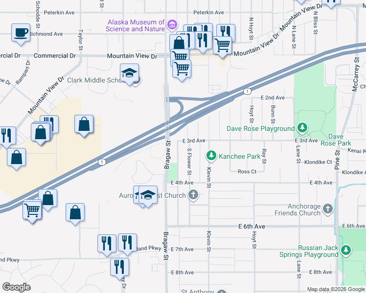 map of restaurants, bars, coffee shops, grocery stores, and more near 275 South Flower Street in Anchorage