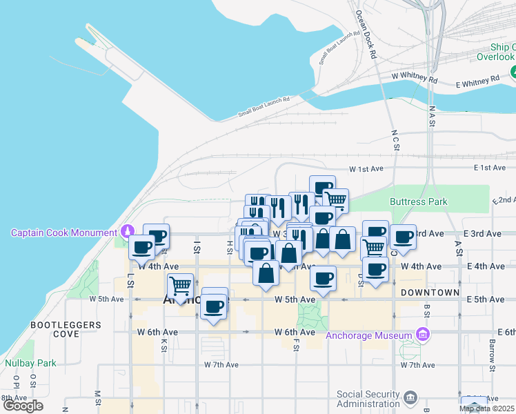 map of restaurants, bars, coffee shops, grocery stores, and more near 704 West 2nd Avenue in Anchorage