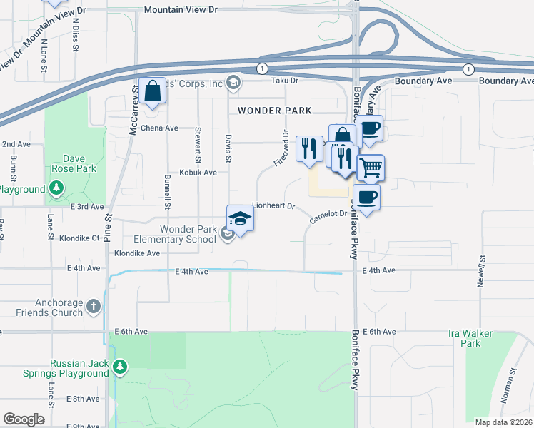 map of restaurants, bars, coffee shops, grocery stores, and more near 331 Fireoved Drive in Anchorage