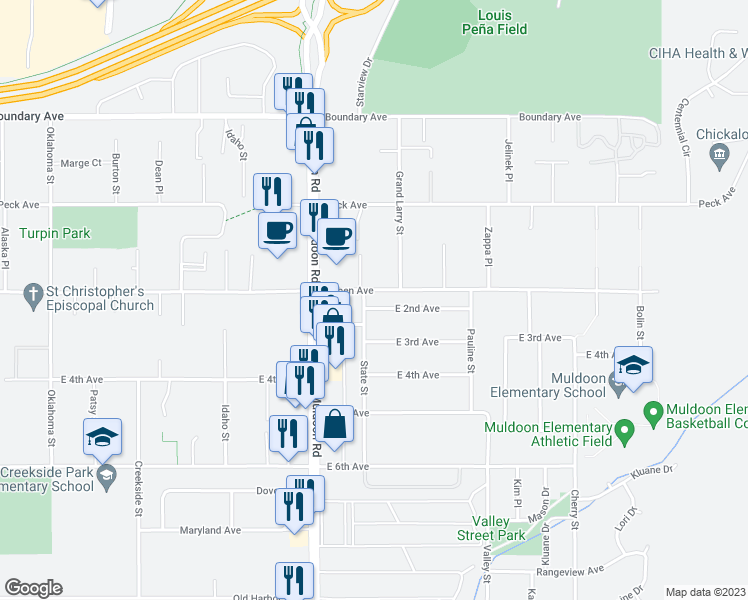 map of restaurants, bars, coffee shops, grocery stores, and more near 8001 East 2nd Avenue in Anchorage