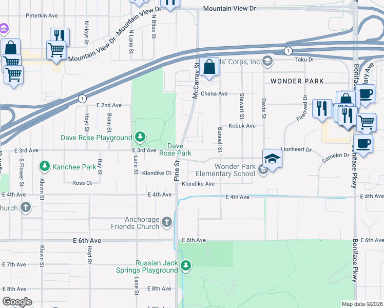 map of restaurants, bars, coffee shops, grocery stores, and more near 261 McCarrey Street in Anchorage
