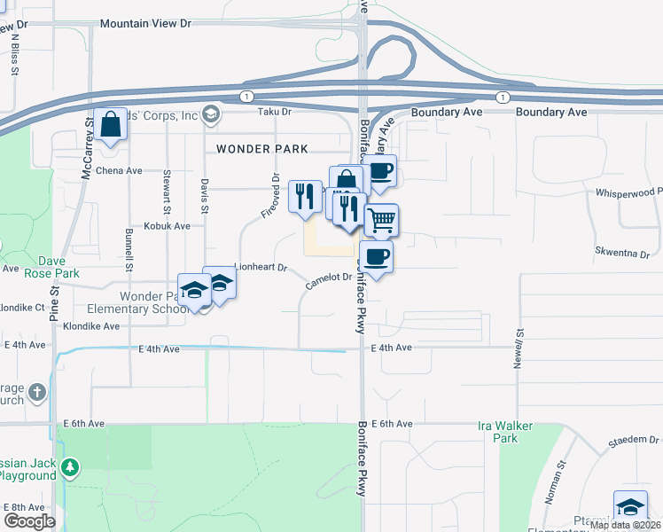 map of restaurants, bars, coffee shops, grocery stores, and more near 360 Boniface Parkway in Anchorage