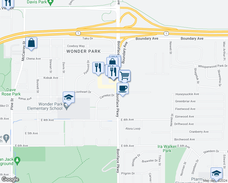 map of restaurants, bars, coffee shops, grocery stores, and more near 360 Boniface Parkway in Anchorage