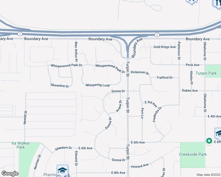 map of restaurants, bars, coffee shops, grocery stores, and more near 6581 Whispering Loop in Anchorage