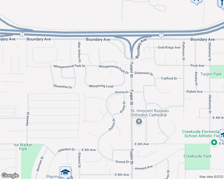 map of restaurants, bars, coffee shops, grocery stores, and more near 6581 Whispering Loop in Anchorage