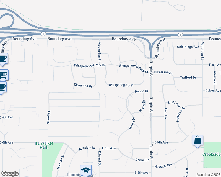 map of restaurants, bars, coffee shops, grocery stores, and more near 6457 Whispering Loop in Anchorage