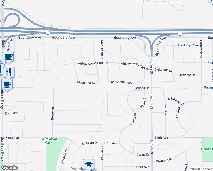 map of restaurants, bars, coffee shops, grocery stores, and more near 6398 Whispering Loop in Anchorage