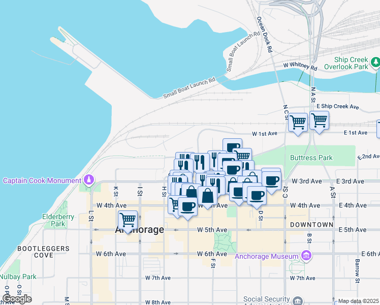 map of restaurants, bars, coffee shops, grocery stores, and more near 704 West 2nd Avenue in Anchorage