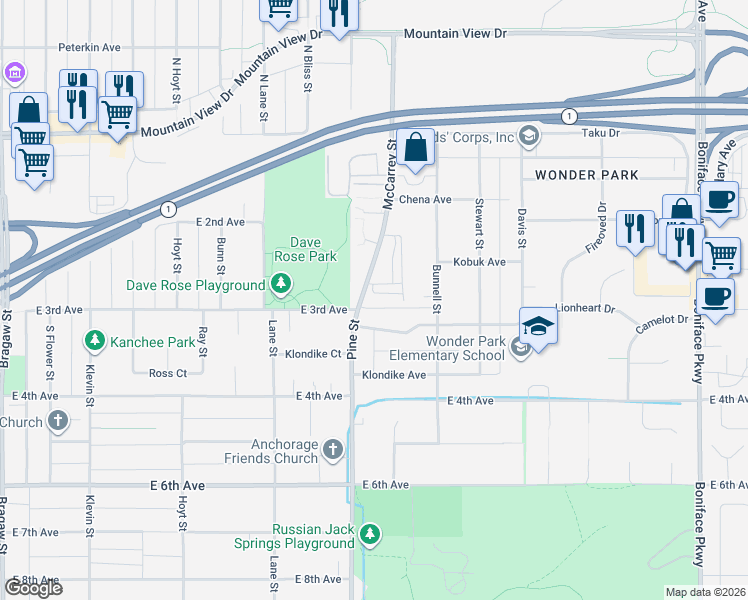 map of restaurants, bars, coffee shops, grocery stores, and more near 320 McCarrey Street in Anchorage