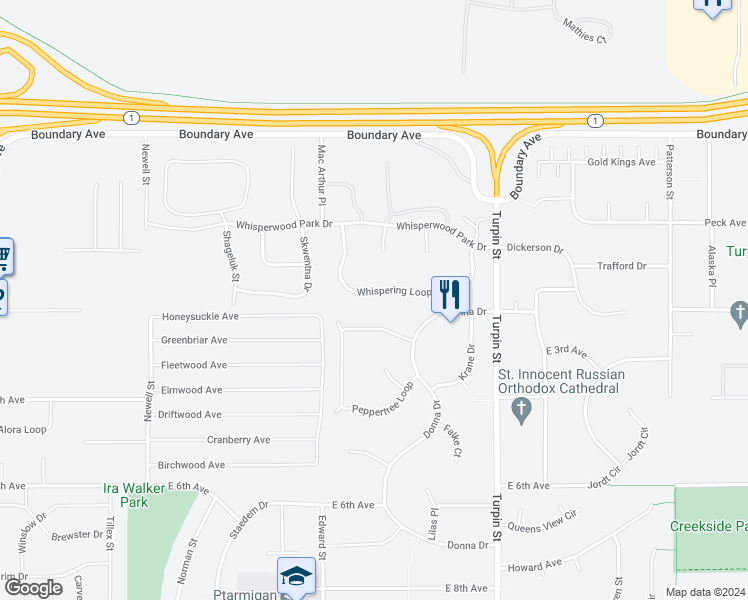 map of restaurants, bars, coffee shops, grocery stores, and more near 6468 Whispering Loop in Anchorage