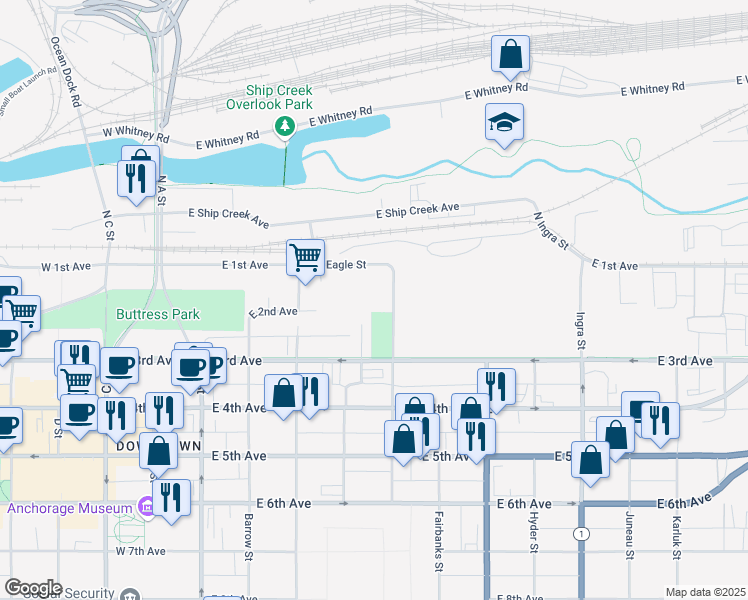 map of restaurants, bars, coffee shops, grocery stores, and more near 140 Eagle Street in Anchorage