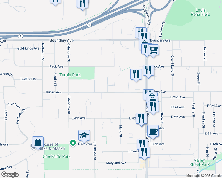 map of restaurants, bars, coffee shops, grocery stores, and more near 7601 Duben Avenue in Anchorage