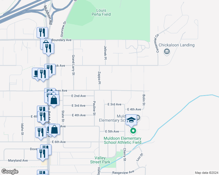 map of restaurants, bars, coffee shops, grocery stores, and more near 8389 Duben Avenue in Anchorage