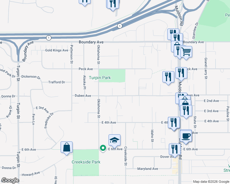 map of restaurants, bars, coffee shops, grocery stores, and more near 260 Creekside Street in Anchorage