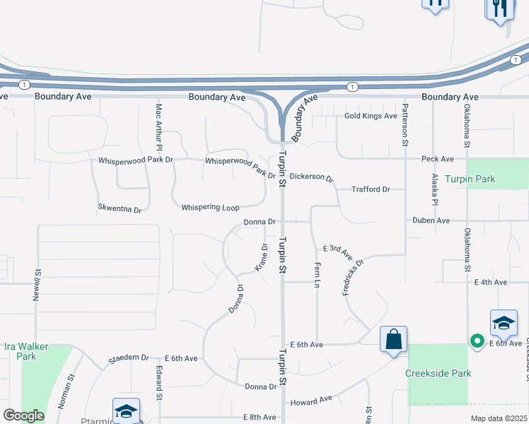 map of restaurants, bars, coffee shops, grocery stores, and more near 6646 Whispering Loop in Anchorage