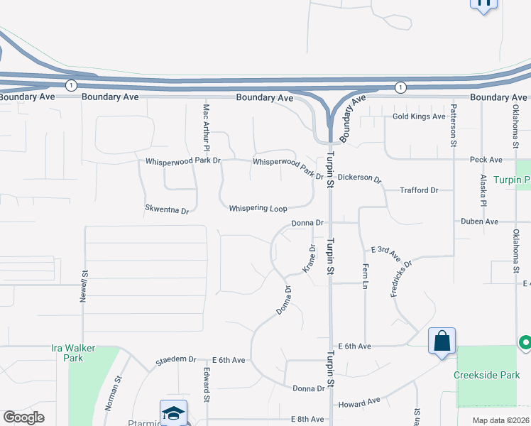 map of restaurants, bars, coffee shops, grocery stores, and more near 6529 Whispering Loop in Anchorage