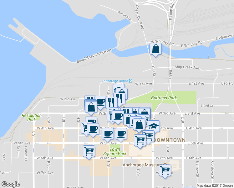 map of restaurants, bars, coffee shops, grocery stores, and more near 519 West 2nd Avenue in Anchorage