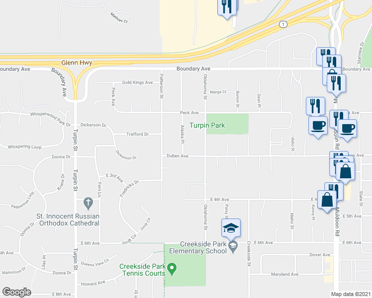 map of restaurants, bars, coffee shops, grocery stores, and more near 7207 Duben Avenue in Anchorage