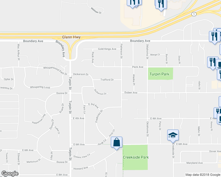 map of restaurants, bars, coffee shops, grocery stores, and more near 7021 Dickerson Drive in Anchorage