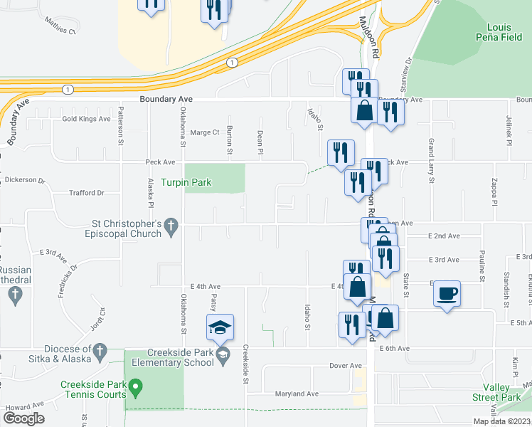 map of restaurants, bars, coffee shops, grocery stores, and more near 260 Melody Place in Anchorage