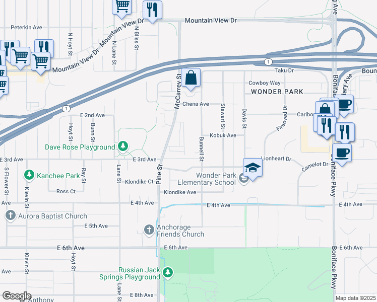 map of restaurants, bars, coffee shops, grocery stores, and more near 261 McCarrey Street in Anchorage