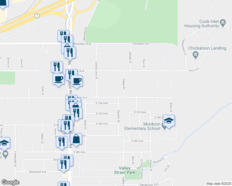 map of restaurants, bars, coffee shops, grocery stores, and more near 8203 Duben Avenue in Anchorage