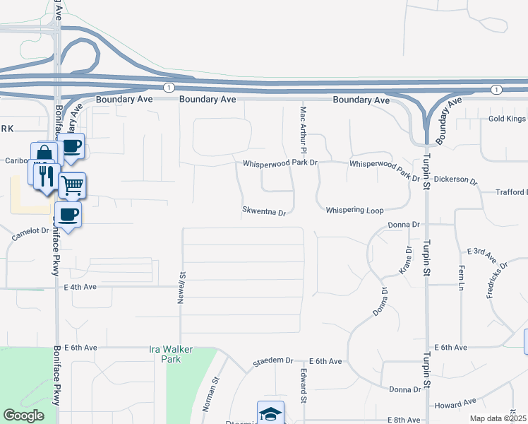map of restaurants, bars, coffee shops, grocery stores, and more near 377 Skwentna Drive in Anchorage