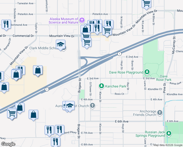 map of restaurants, bars, coffee shops, grocery stores, and more near 275 South Flower Street in Anchorage