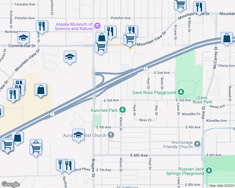 map of restaurants, bars, coffee shops, grocery stores, and more near 274 Klevin Street in Anchorage