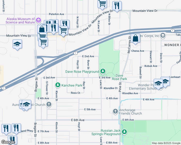 map of restaurants, bars, coffee shops, grocery stores, and more near 275 Bunn Street in Anchorage