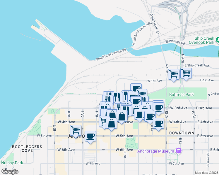 map of restaurants, bars, coffee shops, grocery stores, and more near 704 West 2nd Avenue in Anchorage