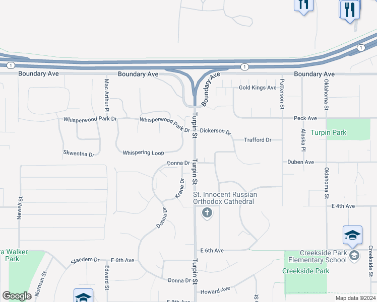 map of restaurants, bars, coffee shops, grocery stores, and more near 6646 Whispering Loop in Anchorage