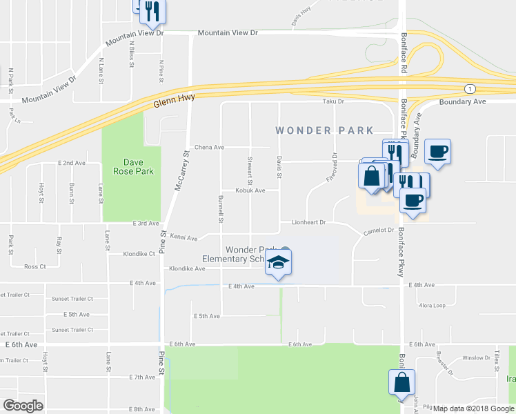 map of restaurants, bars, coffee shops, grocery stores, and more near 305 Stewart Street in Anchorage