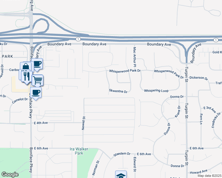map of restaurants, bars, coffee shops, grocery stores, and more near 386 Skwentna Drive in Anchorage