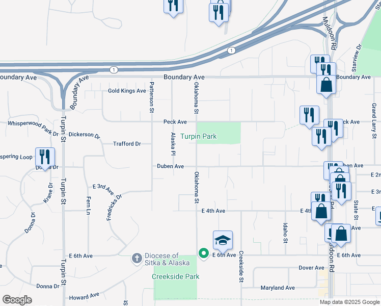 map of restaurants, bars, coffee shops, grocery stores, and more near 250 Oklahoma Street in Anchorage