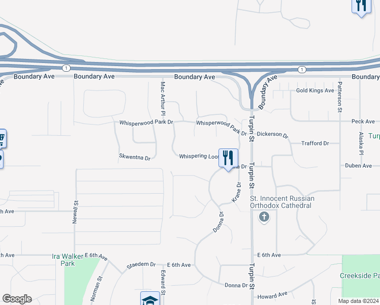 map of restaurants, bars, coffee shops, grocery stores, and more near 6457 Whispering Loop in Anchorage